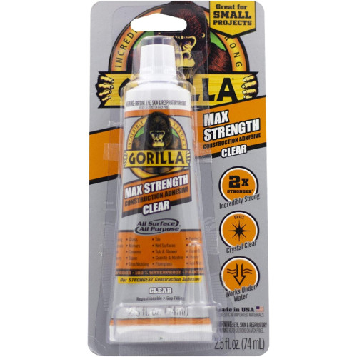 Gorilla Max Strength Clear Construction Adhesive, 2.5 OZ, Clear, (Pack of 1)