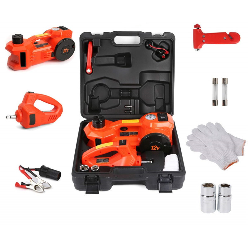 BKR® All-in-One 5-Ton Hydraulic Electric Car Jack Set – Heavy-Duty DC 12V Auto Lift with Built-in Inflator and LED Light for Easy Tire Changes- CA0146