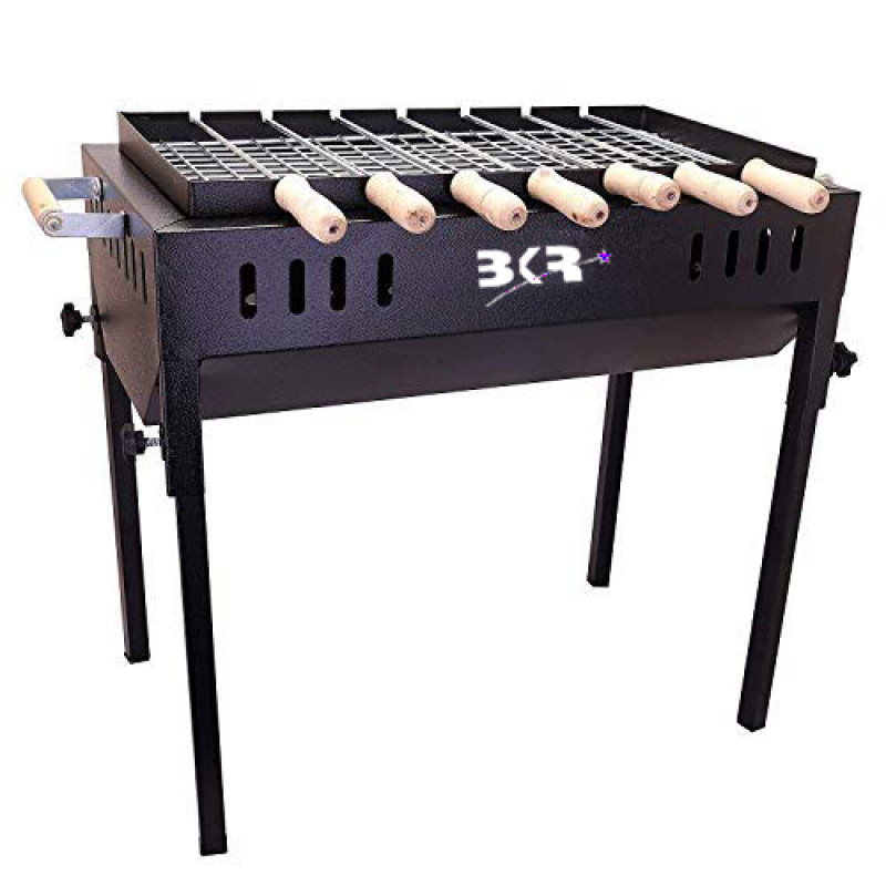 BKR® Terrace Garden Picnic Barbeque (BBQ) with 7 Skewers with Wooden Handle & 1 Metal Grill (Black) | Sand Blasting coating metal finish, Long Lasting & Durable HM0602