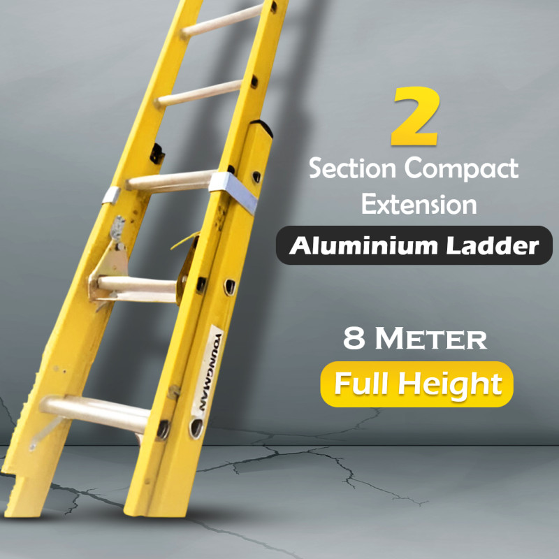 BKR 2 Section Compact Extension Aluminum Step Ladder 8m Full Height with Step Lock System and Anti-Slip Legs – 150 KG Capacity– HM0409