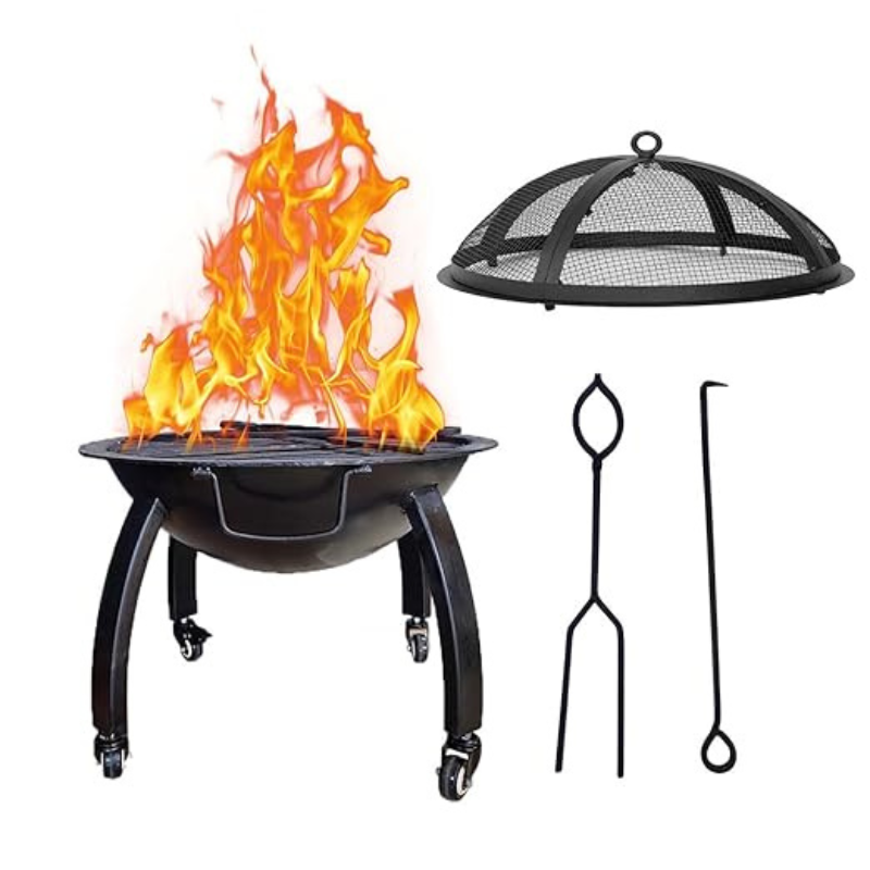 BKR® Premium Quality Round Firepit with Skewers for Barbecuing Outdoor 58 x 58 x 33 cm, 18.5kgs weight with Wheel | High-Temperature Powder Coating Rust-resistant Metal with 5 years Warranty| HM0637