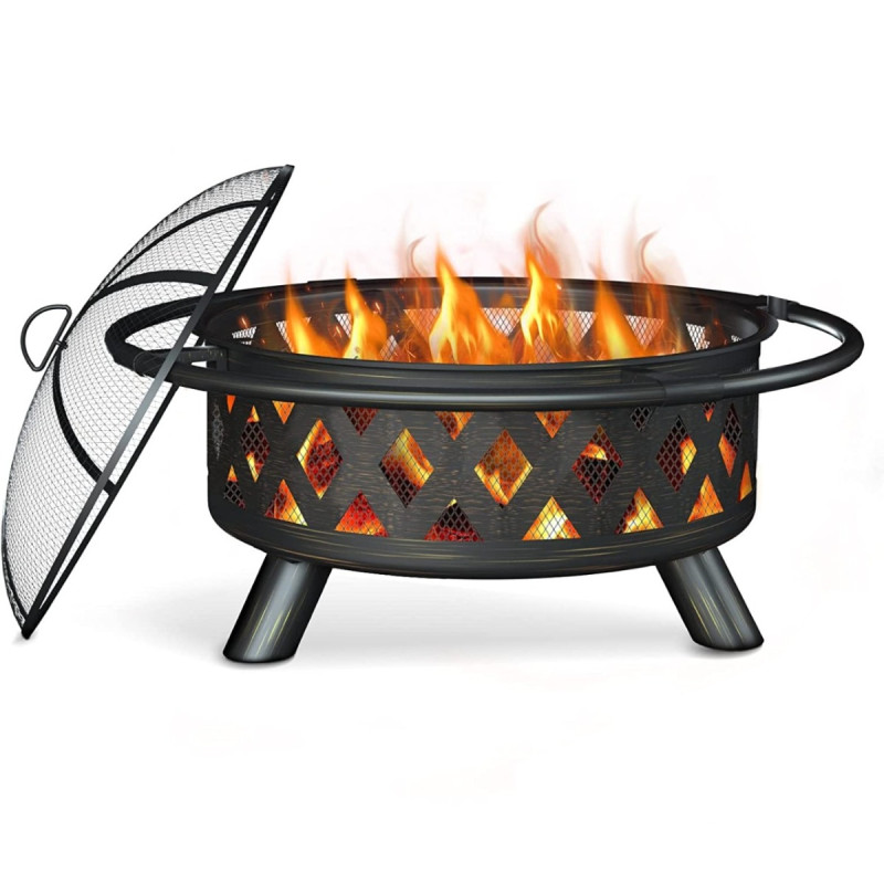 BKR® Round Metal Firepit for Outdoor Ambiance, Rust free and Durable | 95 x 95 x70 cm (39in) Size, 24Kgs | High Temperature - Sand Blasted Metal | with protected screen cover with 5 years Warranty | LG0938
